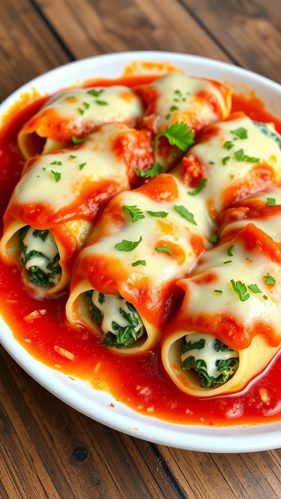Creamy spinach and ricotta stuffed shells baked in marinara sauce, topped with melted cheese, on a rustic table.